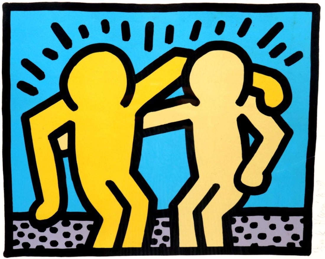 After Keith Haring "Best Buddies" Lithograph: After Keith Haring (American, 1958–1990) "Best Buddies" 1987 17 1/4" H x 20" W Lithograph on paper, signed and numbered 16/200. Condition is overall good. Have a similar i
