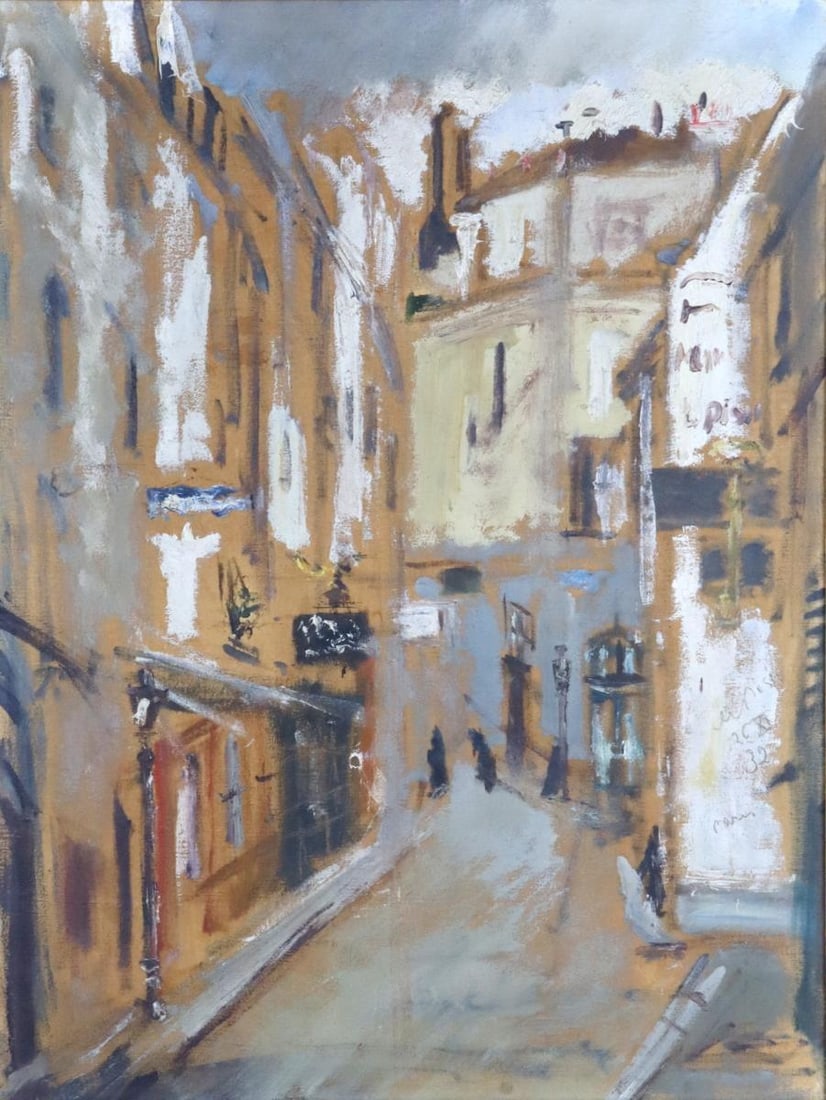 Filippo De Pisis "Street Scene" Oil on Canvas: Filippo De Pisis (Italian, 1896–1956) "Street Scene" Oil on canvas, signed Image: 24.5" H x 18.5" W Frame: 32.75" H x 26.75" W Condition: Good condition. Not examined out