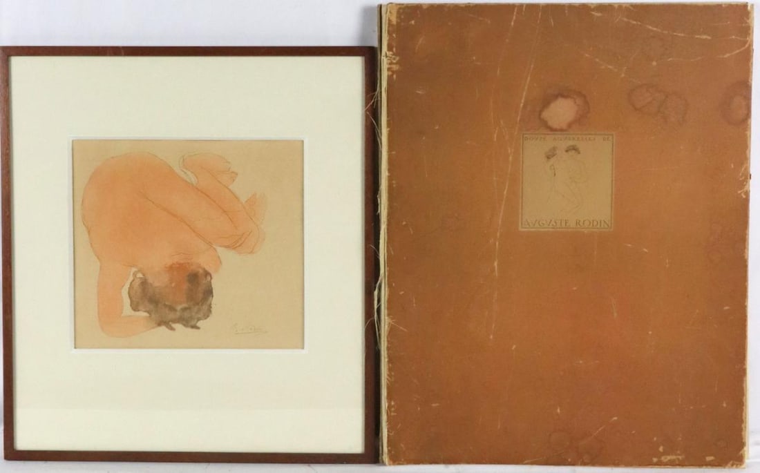 After Auguste Rodin "Douze Aquarelles (Twelve Watercolors)" Offset Lithographs: After Auguste Rodin (French, 1840–1917) Offset Lithographs, Group of 12 Portfolio: 22" H x 17" W Framed Lithograph: 19.75" H x 17.75" W Offset lithographs, some signed in plate.
