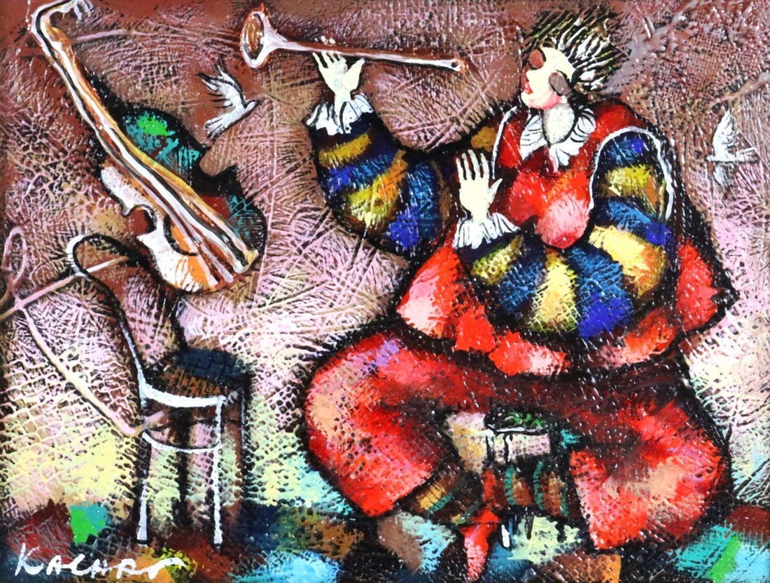 Michael Kachan (Israeli, b. 1963) "Sound of the Wings" Mixed media on Canvas: Michael Kachan (Israeli, b. 1963) Sound of the Wings Mixed media on canvas. Measurements: 12” H x 15 3/4” W; 19 3/4” H x 23 1/2” W (framed) A vibrant composition depicting a