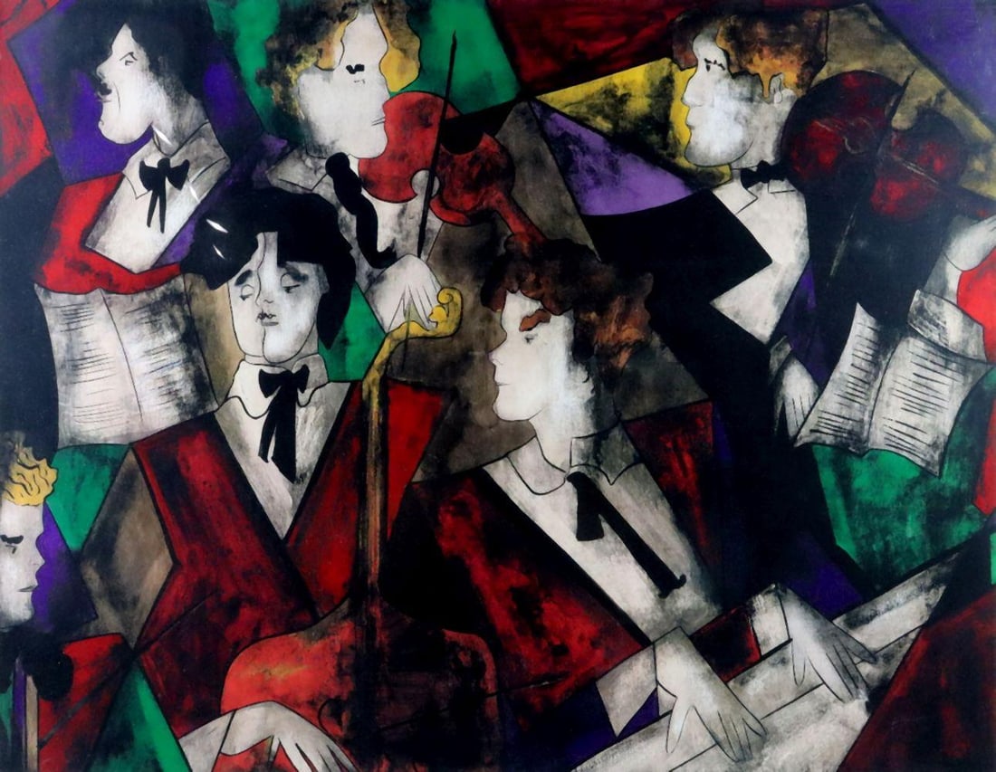 Linda Le Kinff (French, b. 1949) “Grand Orchestre” Seriolithograph: Linda Le Kinff (French, b. 1949) “Grand Orchestre” Seriolithograph Measures approx. - 35 1/8” H x 42 1/8” W with frame. A colorful modern composition depicting an orchestra of 