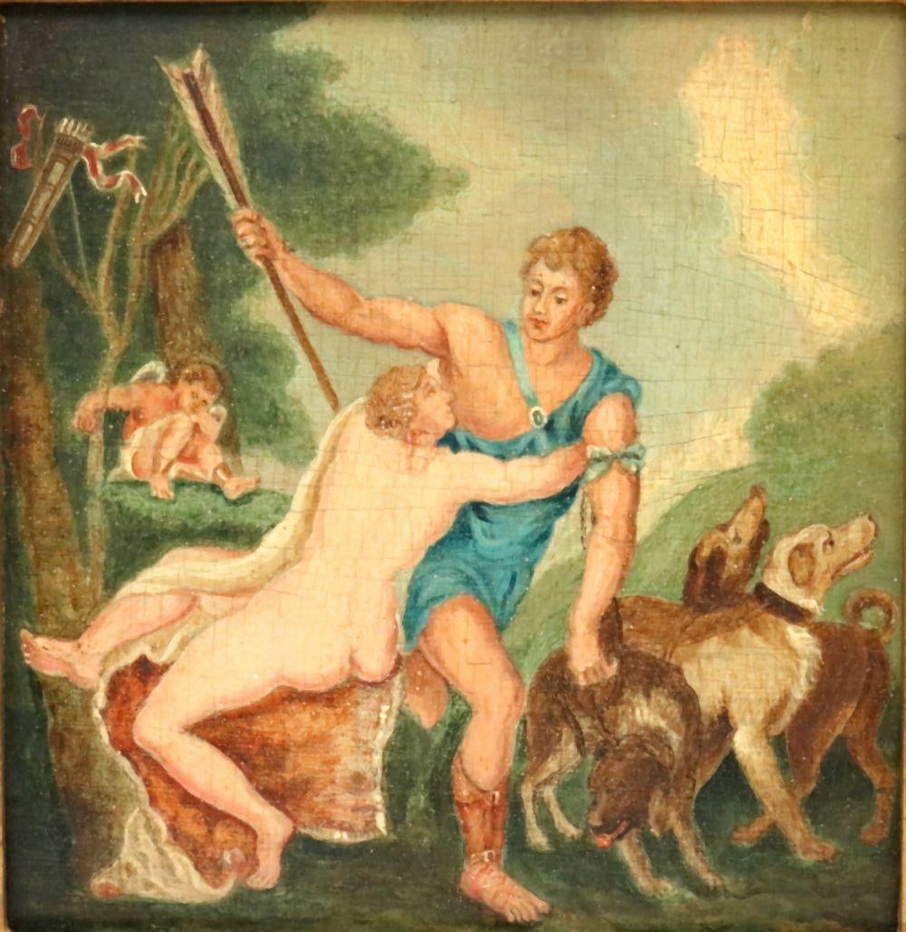 Early 19th C. "Venus & Adonis" Oil Painting on Board: An Early 19th Century Oil Painting on Board, “Venus and Adonis” Unsigned Oil on board, presented in a giltwood frame. Dimensions (sight): 6 x 5½ in. (15.2 x 14 cm) Overall (with frame