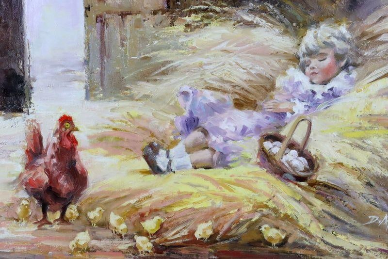 20th C. Signed Oil Painting on Canvas: Artist Unknown, Possibly D. Muth "Untitled" Oil on canvas, signed Image: 19.75" H x 24" W Frame: 28" H x 32.25" W Depicts a sleeping child in a barn with a hen and chicks in