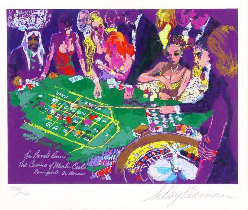 LeRoy Neiman "Monte Carlo Casino" Offset Lithograph: LeRoy Neiman (American, 1921–2012) "Monte Carlo Casino" Offset lithograph, signed and numbered 551/700 Image: 9.5" H x 11.25" W Frame: 22.5" H x 24.25" W Condition: Very