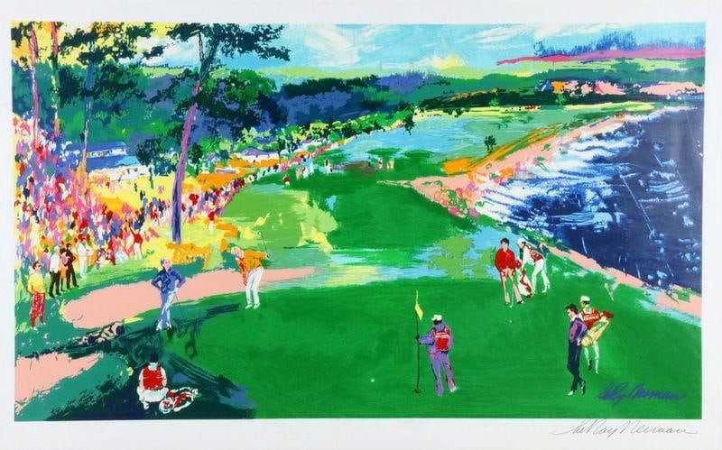 LeRoy Neiman "Pebble Beach" Offset Lithograph: LeRoy Neiman (American, 1921–2012) "Pebble Beach" Offset lithograph, signed and signed in plate Image: 21" H x 34" W Frame: 30.75" H x 43.5" W Condition: Good condition.