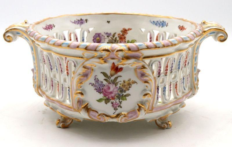 Dorotheenthal Pierced Lattice Jardiniere: Dorotheenthal (Germany) Pierced Lattice Jardiniere Porcelain 5" H x 11" W x 9.25" D Bearing maker's mark to the underside. Condition: Good condition with no chips, cracks, or repairs.