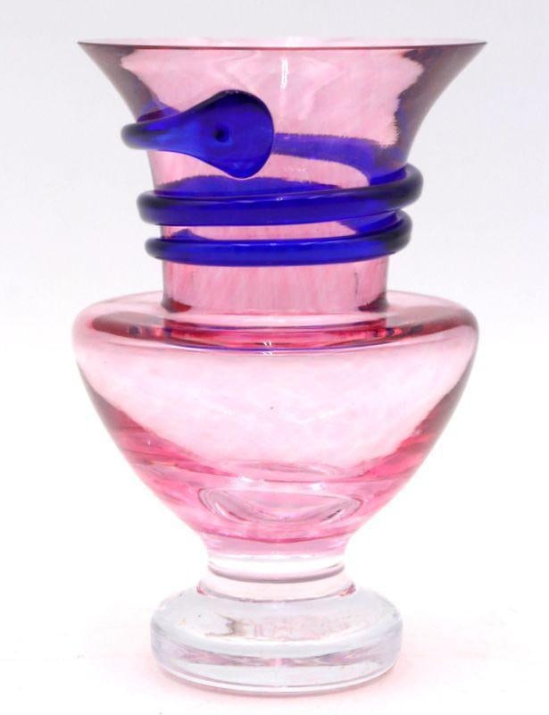 Kosta Boda Glass Vase: Kosta Boda (Sweden) Glass Vase Glass 5" H x 3.25" Dia. Signed. Bearing Kosta Boda decal and no. 14250. Condition: Good condition with the exception of one small flake to the rim. Have a simila
