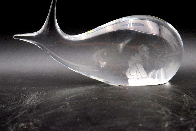 Vicke Lindstrand for Kosta Boda "Jonah and the Whale" Glass Sculpture: Vicke Lindstrand for Kosta Boda (Sweden) "Jonah and the Whale" Glass Sculpture Glass 3.75" H x 7.25" W x 1.75" D Model no. 9247. Signed. Condition: Very good condition with no chip