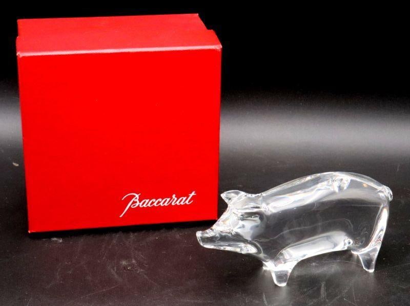 Baccarat "Pig" Glass Paperweight / Sculpture: Baccarat (France) "Pig" Glass Paperweight / Sculpture Glass 3" H x 5.5" W x 1.5" D Box: 3.5" H x 5.25" W x 5.25" D Signed. Includes original box. Condition: Very good c