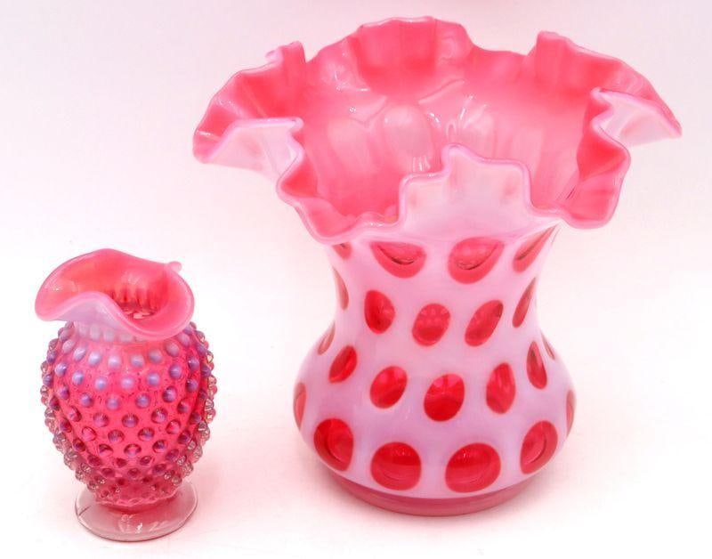 Fenton Opalescent Cranberry Glass Vases, Group of 2: Fenton (United States) Opalescent Cranberry Glass Vases, Group of Two Glass Largest: 6" H x 6.5" Dia. Both unsigned. Condition: Very good condition with no chips, cracks, or repairs. Have a si