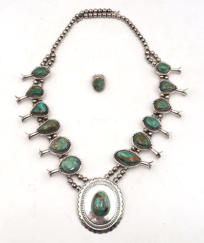 Fred Guerro Sterling Silver & Turquoise Squash Blossom Necklace & Ring (1 of 7)