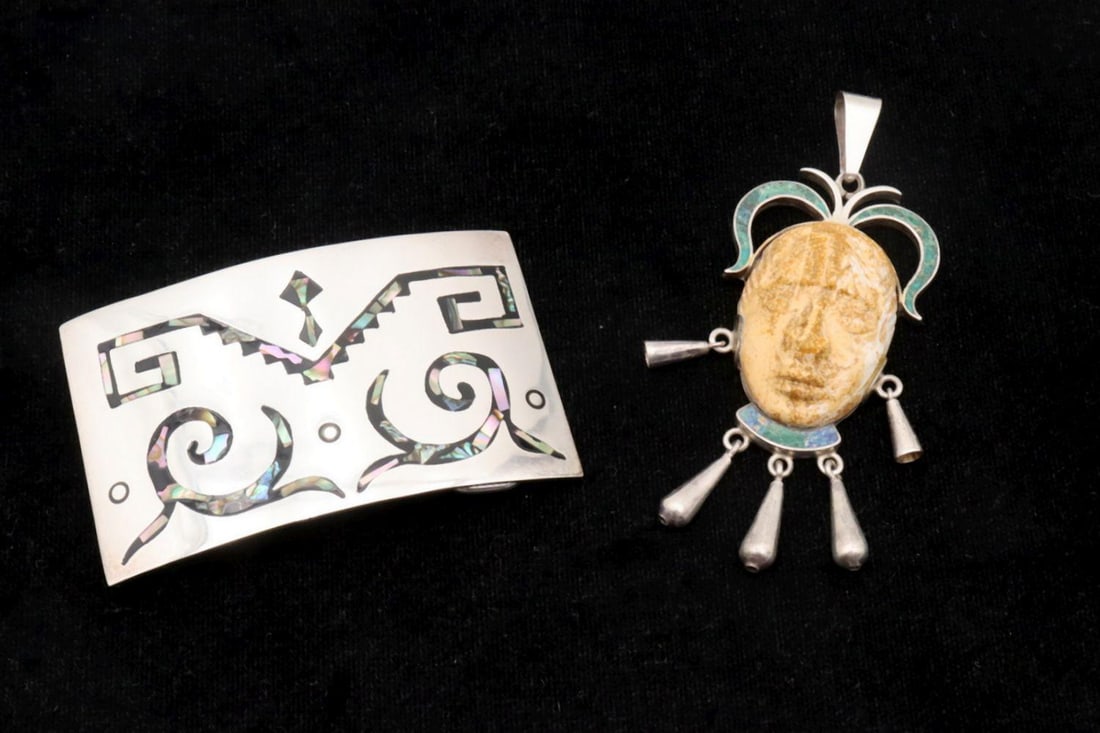 Mexican Sterling Silver Pendant & Belt Buckle, Group of 2 (1 of 6)
