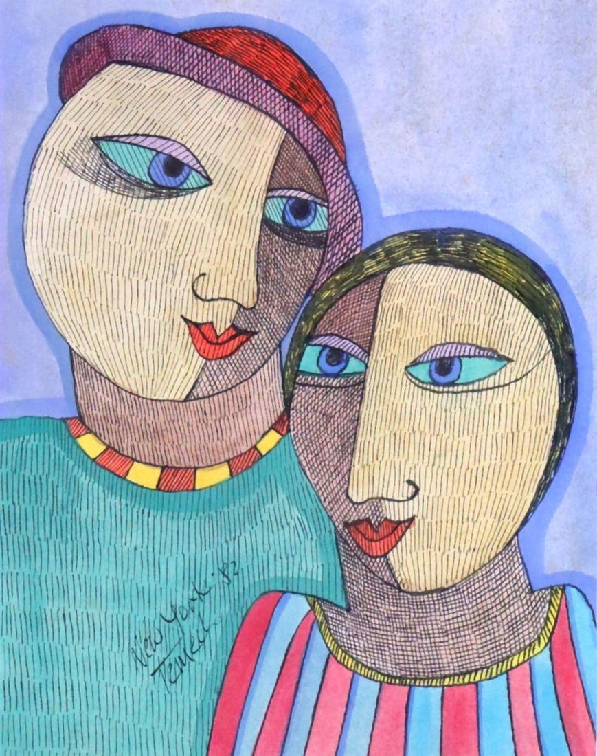 Gunther Temech "New York '82" Painting: Gunther Temech (Austrian, 1942–2010) "New York '82" Mixed media on paper, signed, 1982 Image: 9.5" H x 7.5" W; frame: 19" H x 16" W Condition: Very good condition. Not examined out of the frame. Hav
