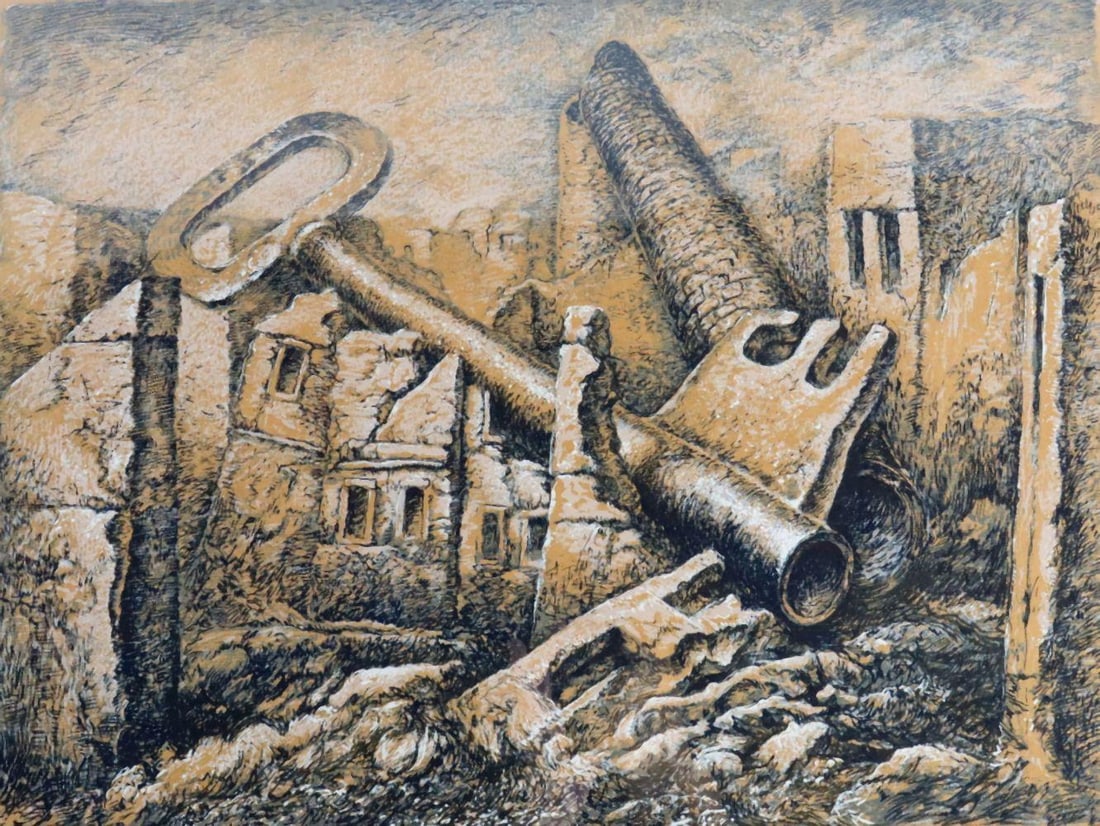 Samuel Bak "Surrealist Key in Ancient Ruins" Screenprint and Books (1 of 6)