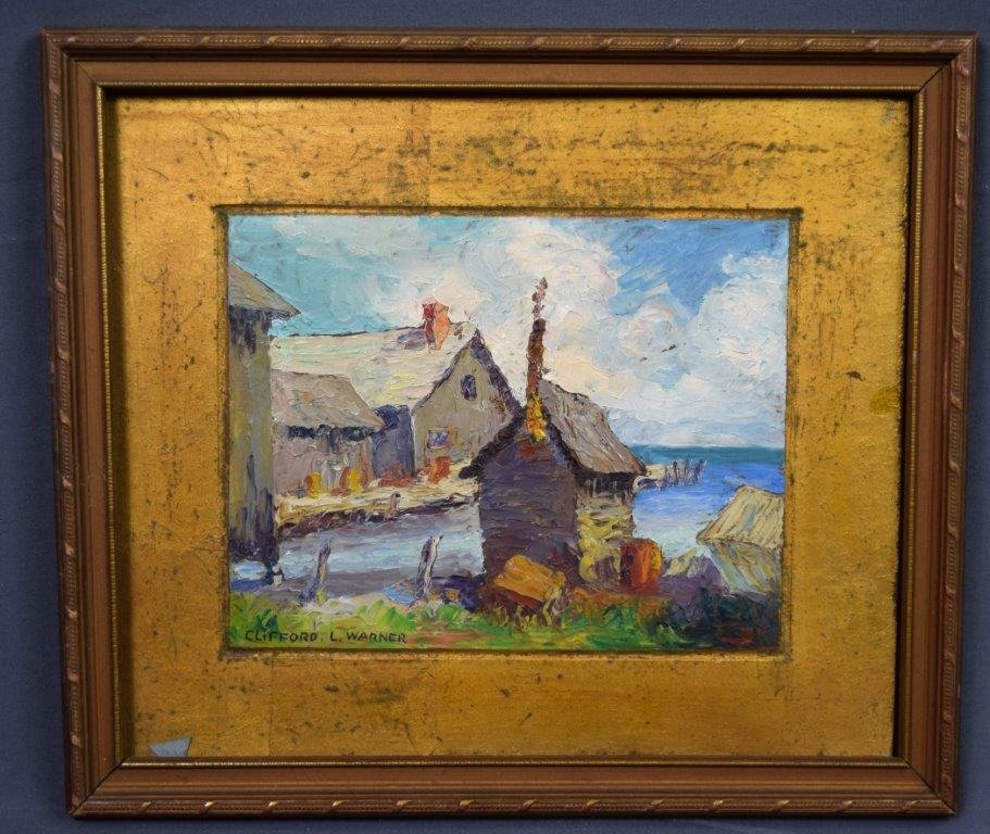 Clifford Warner, O/B (A Beaver Island Landscape): CLIFFORD L. WARNER (20th Century) A Beaver Island Landscape Oil on board 8 1/2" x 10" Signed in the lower left side Labeling to backside in regards to the provenance which reads - " A Beaver Island La