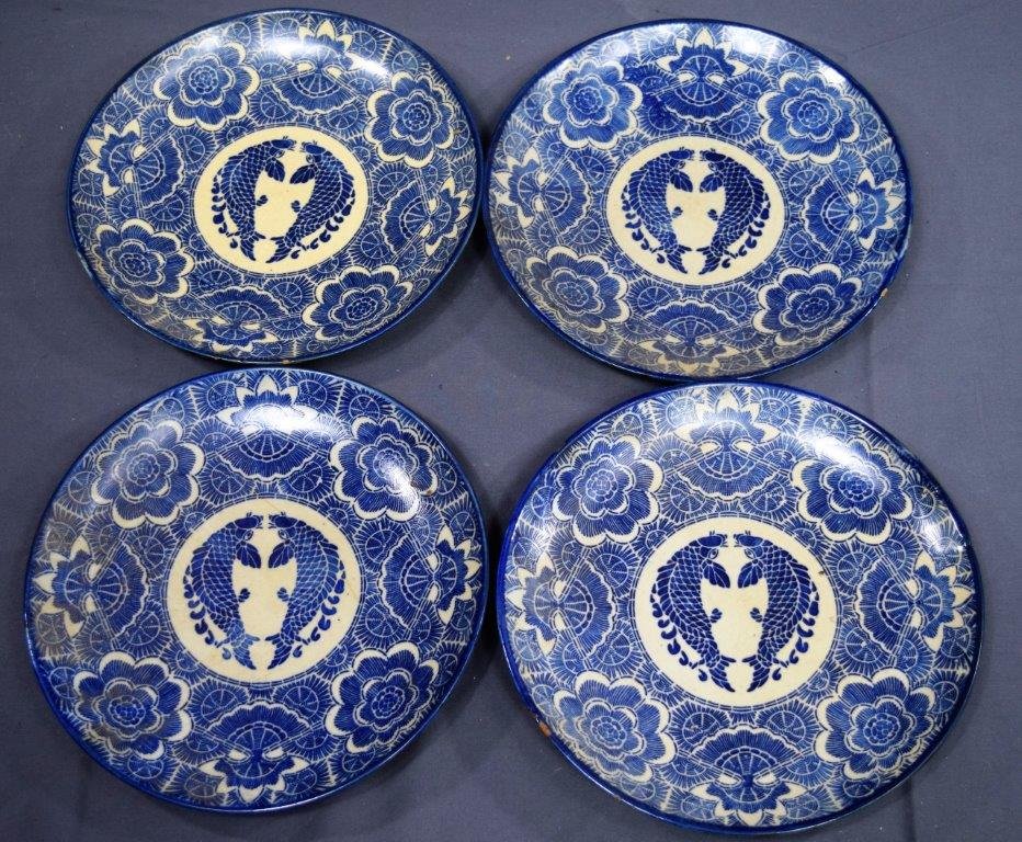(4) Chinese Blue & White Fish Plates, (Qing Dynasty) (1 of 4)