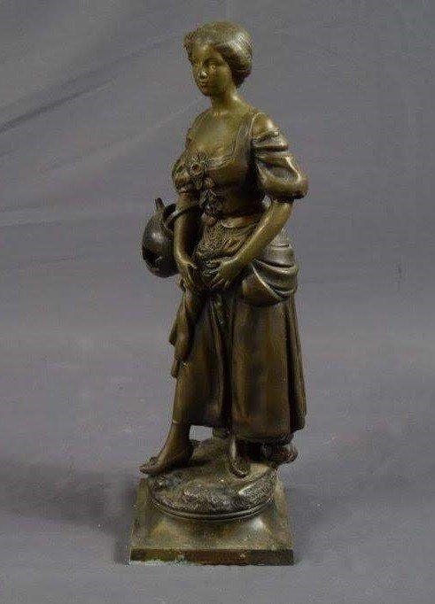 La Cruche Cassee, Greuze Bronze (Woman Holding Jug): GREUZE (19TH/20TH CENTURY) Woman Holding Jug (La Cruche Casee) Bronze sculpture 17" x 5 1/2" Foundry mark and stamp located on backside near the base.