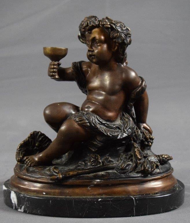 Egiste Rossi, Italian Bronze (Bacchus): EGISTE ROSSI (1856-1916) Bacchus as Child Holding a Wine Glass (19th c.) Bronze sculpture on a marble base 9" x 8" Signed on reverse "E. Rossi"