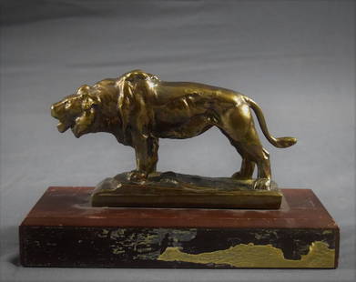 Frederick George Richard Roth, Bronze Lion: FREDERICK GEORGE RICHARD ROTH (1872-1944) Columbia Lion Bronze on wood base 4" x 8 1/2"; 2" x 6 1/2" Signed and inscribed with copyright mark