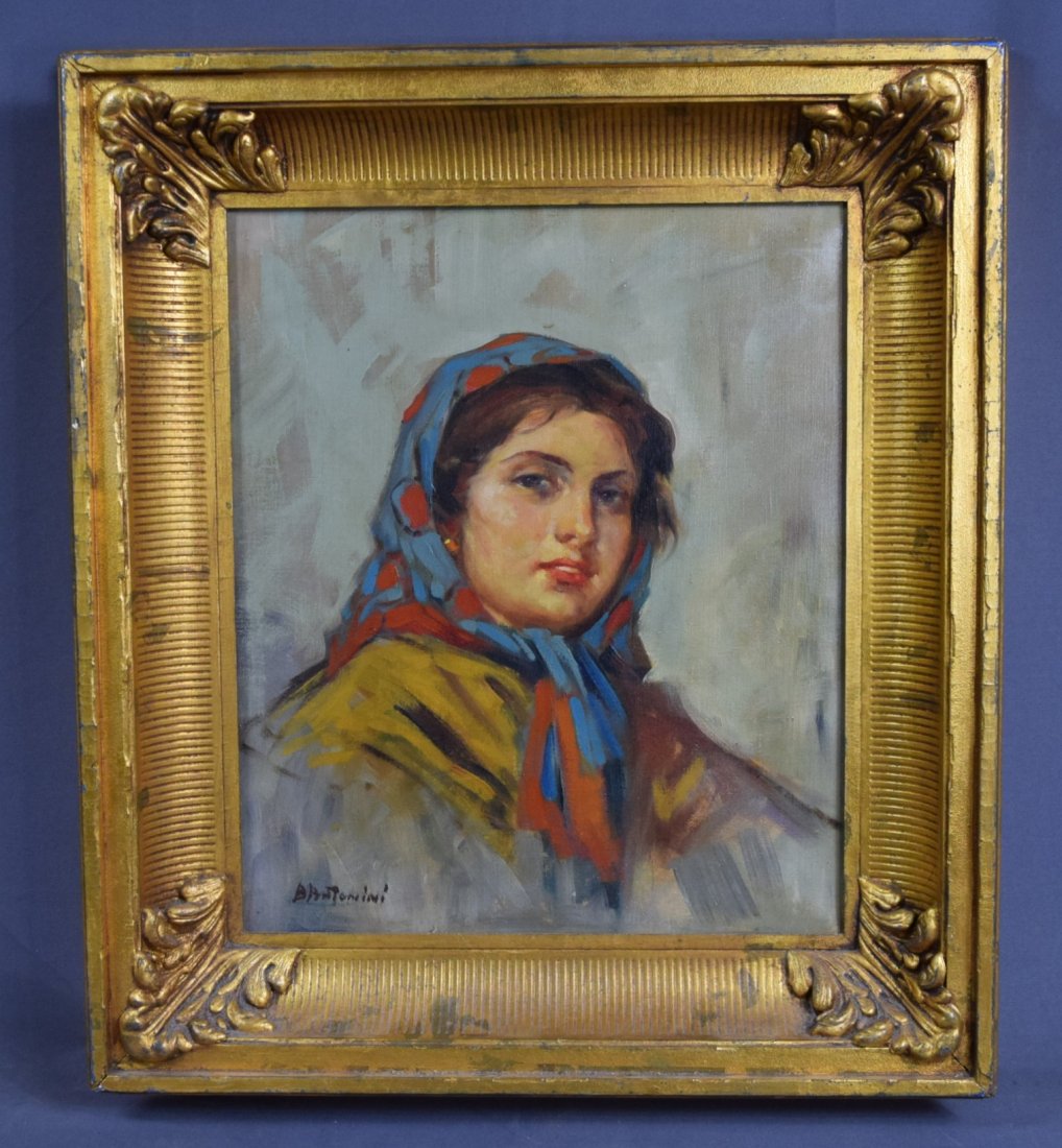 Dante Antonini, O/C Portrait (Weschler's Auction): DANTE ANTONINI (1914-1985) Portrait of a Young Peasant Woman Oil on canvas 19" x 16" Signed lower left LOT NO 206 - DECEMBER 05, 2014 - Weschler's, Washington D.C. - Capital Collections Estate Auction