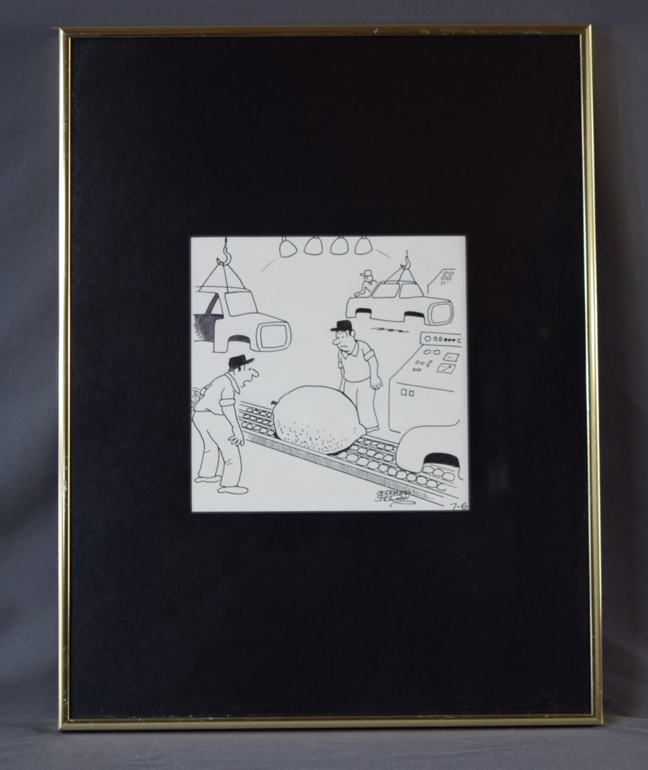 Goddard Sherman, Drawing: GODDARD SHERMAN (20TH CENTURY) Oh, oh! (lemon on assembly line) Pen on paper 7" x 7" Signed right side, label to verso