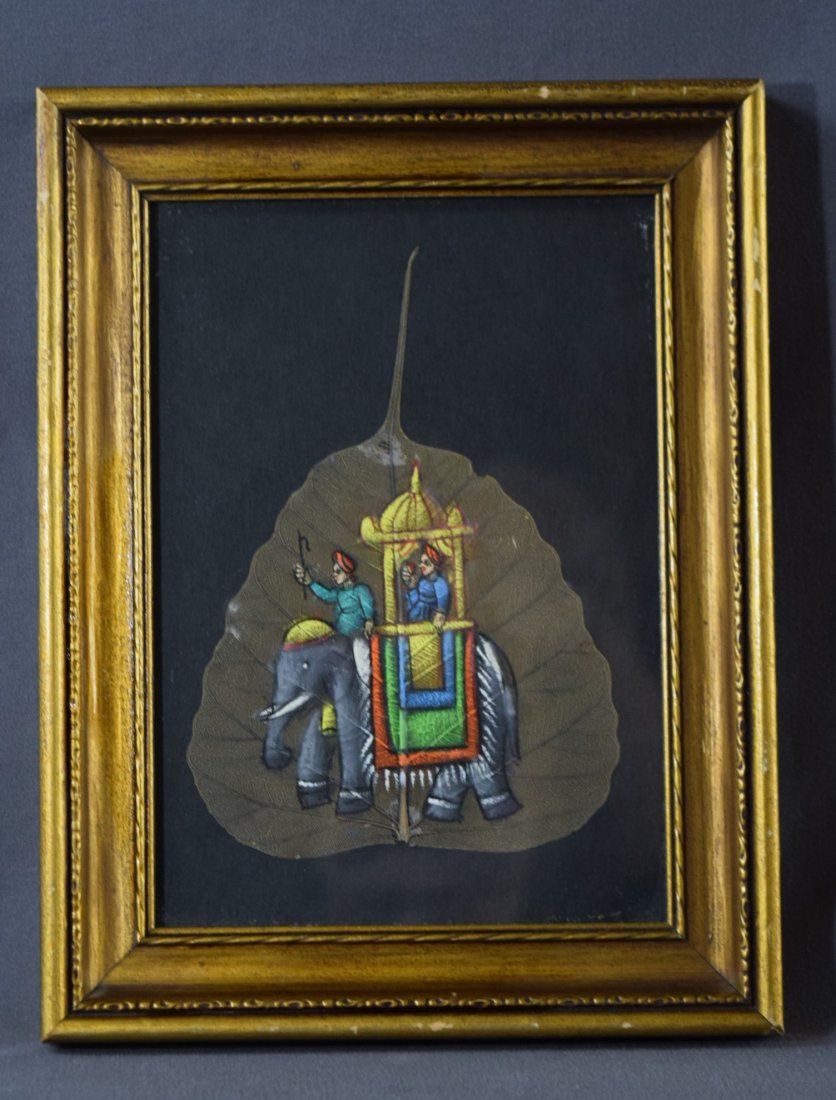 Middle Eastern, Painting (Man on Elephant): MIDDLE EASTERN (20TH CENTURY) Man on elephant Painting on leaf 7" x 4 1/2"