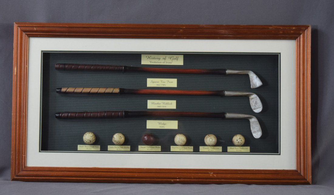 History of Golf, Evolution of Irons (Display): 20TH CENTURY Framed display, History of Golf, Evolution of Irons 11" x 22"