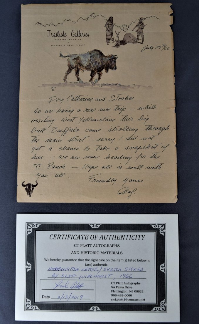 Olaf Weighorst, W/C (Acquired Directly From the Artist): OLAF WEIGHORST (1899-1988) Letter and painting of a Buffalo from Olaf Weighorst to Catherine Watercolor on paper 11" x 8 1/2" Signed lower right side Acquired directly from the artist in 1966