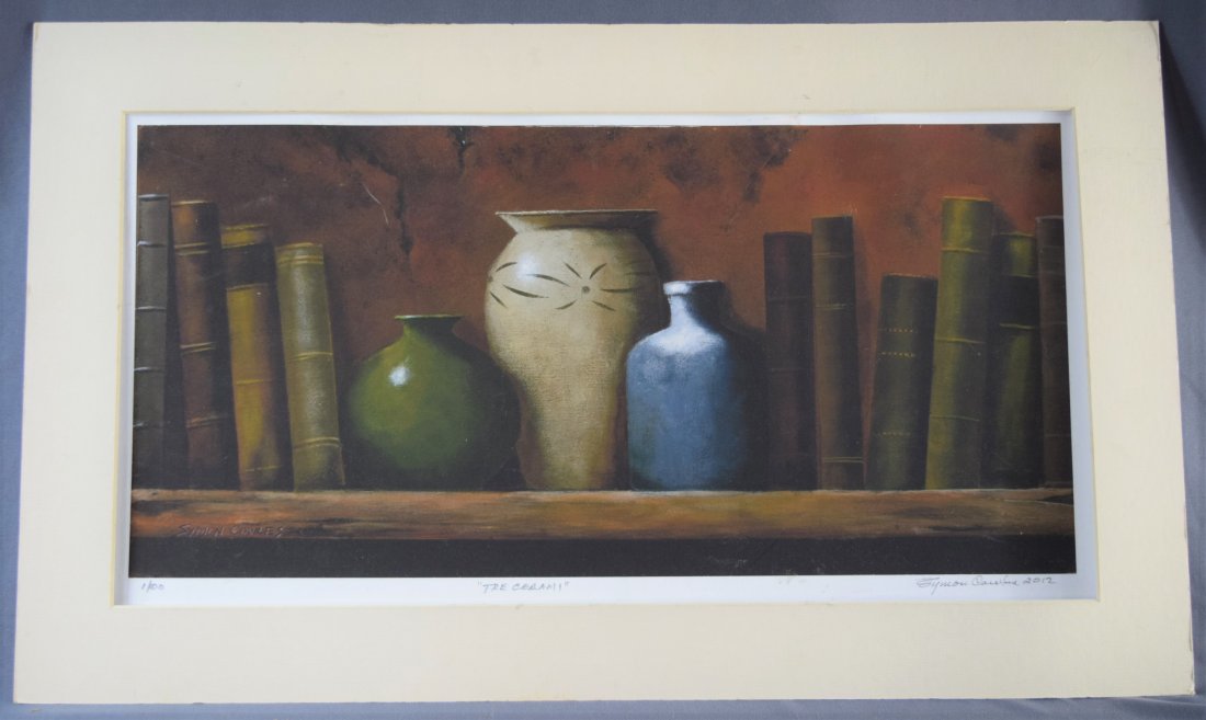 Symon Cowles Lithograph (Print): AMERICAN (20TH CENTURY) A lithograph print of three multi-colored vases and row of books hand signed in bottom right corner by artist Symon cowles (11" x 21")