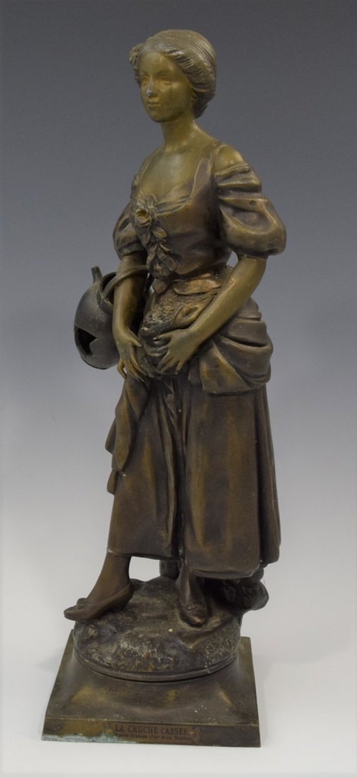 La Cruche Cassee, Greuze Bronze (Woman Holding Jug): GREUZE (19TH/20TH CENTURY) Woman Holding Jug (La Cruche Casee) Bronze sculpture 17" x 5 1/2" Foundry mark and stamp located on backside near the base.
