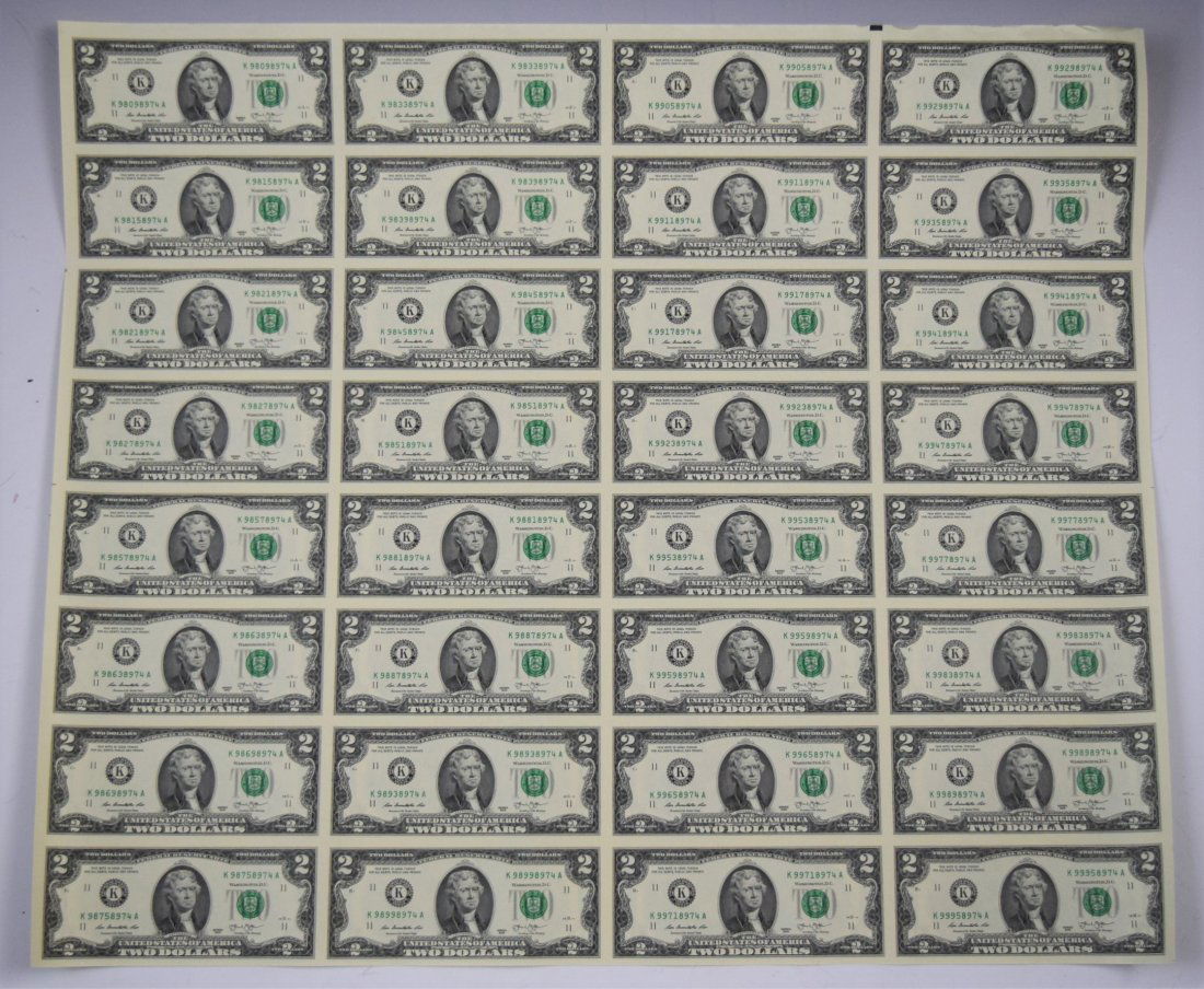 Uncut Two Dollar Bill Paper Currency Sheet (1 of 8)