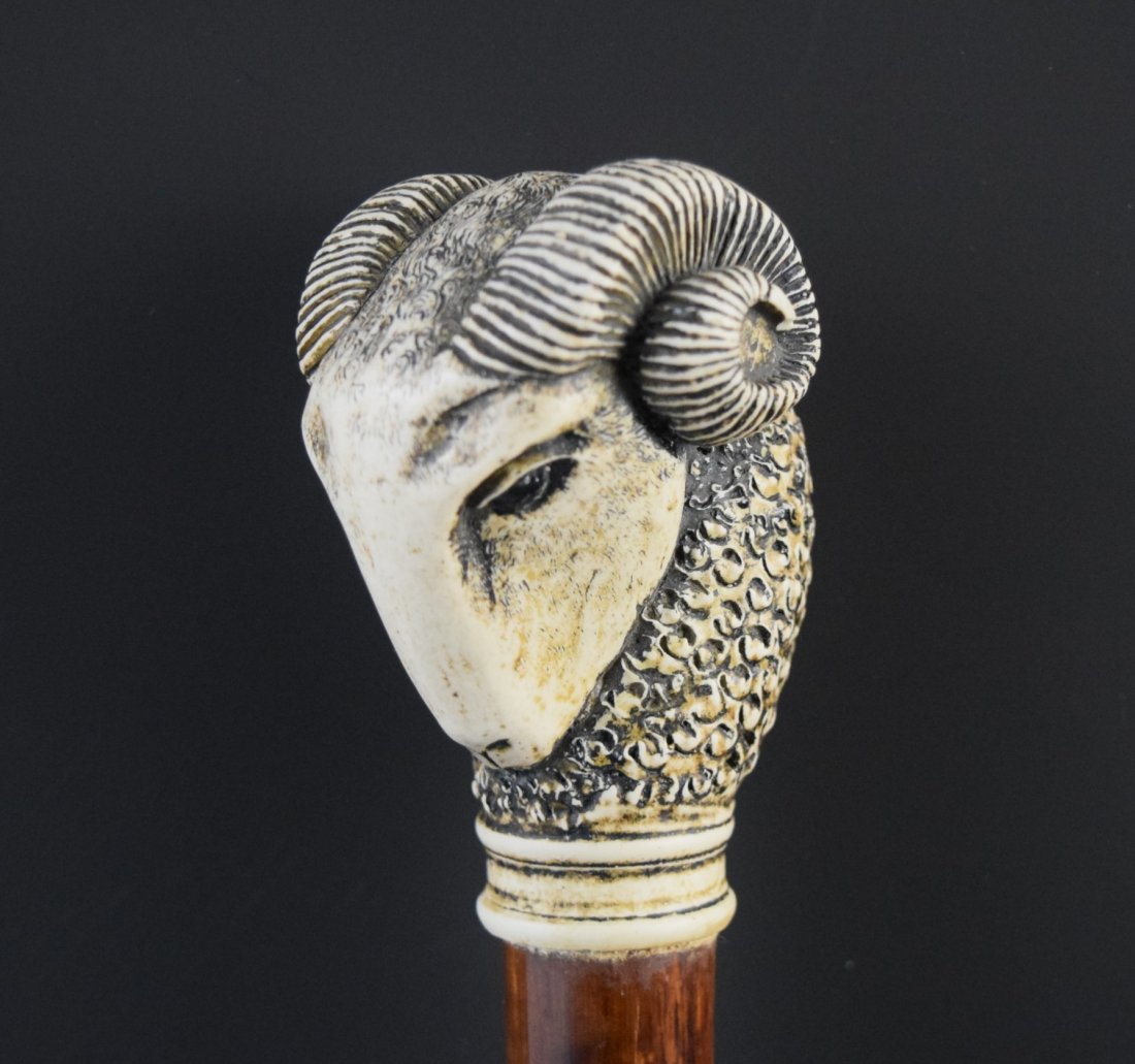 Bone Carving Rams Head Wood Cane: 20TH CENTURY Bone, wood, hand carved cane 36"