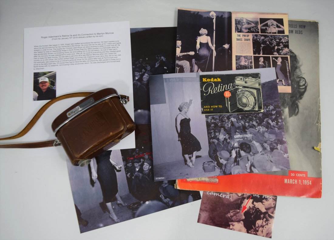 A Historical Kodak Camera, Marilyn Monroe Provenance: KODAK RETINA IIA (Type 016) with original case This camera was owned and used by Roger N. Adermann (with his personal ownership tag) who was stationed in Korea during the Korean war in 1954. While bei