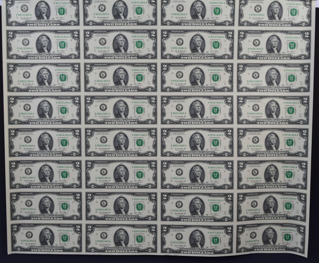 Uncut Two Dollar Bill Paper Currency Sheet (1 of 6)