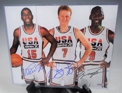 Larry Bird, Magic Johnson, Michael Jordan Signed: LARRY BIRD, MAGIC JOHNSON, MICHAEL JORDAN Photograph signed by hall of fame basketball players Bird, Johnson and Jordan, w/coa 8" x 10"