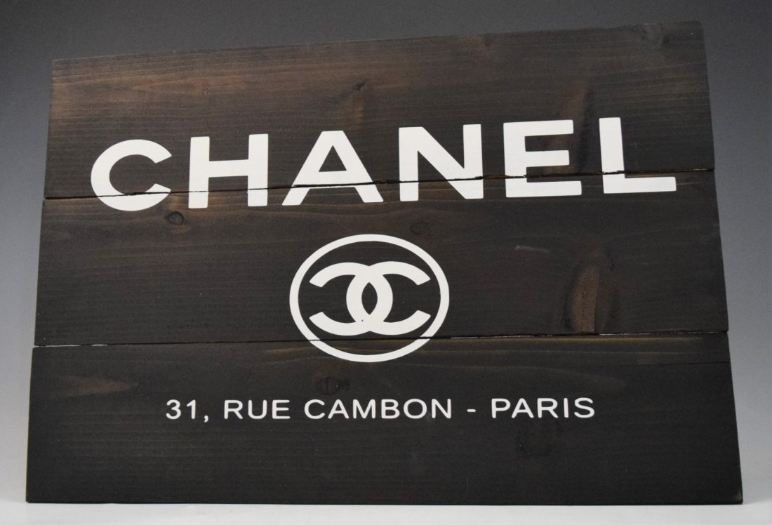 Chanel Store Sign (Advertisement): CHANEL (PARIS) Advertisement wood sign for Chanel products 24" x 16"