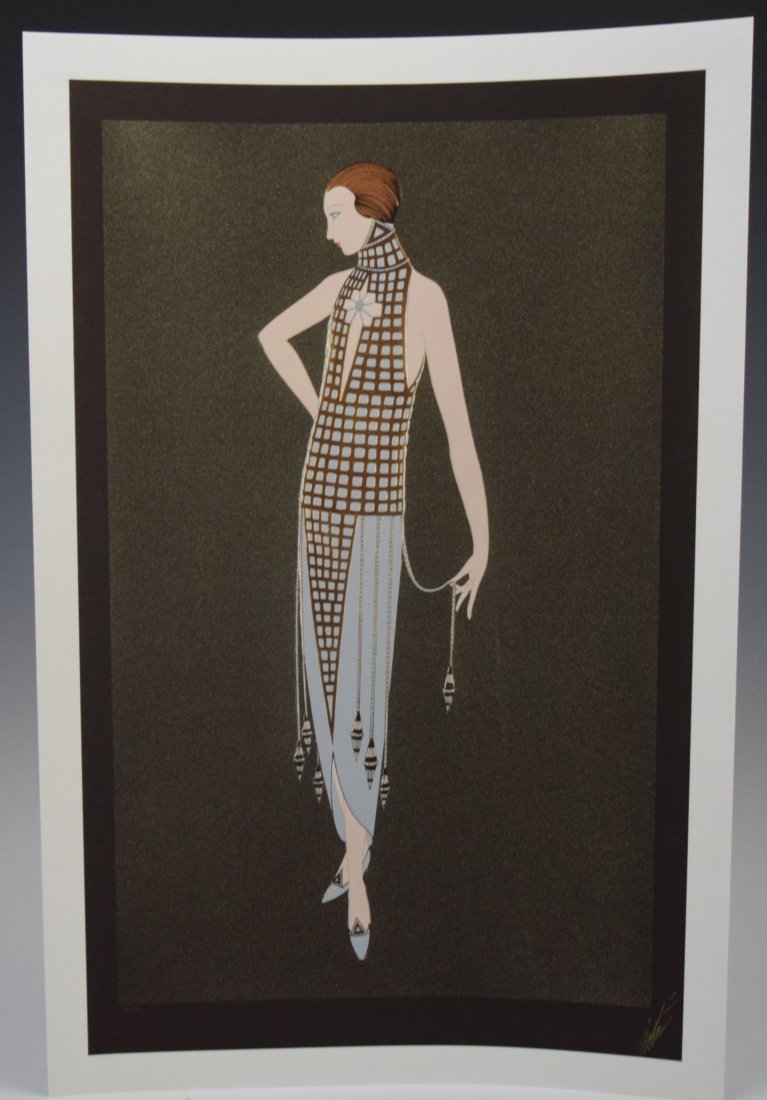 After Erte, Black Background Fashion (Print): AFTER ERTE (1892-1990) Fashion Print in colors 26" x 17" Signed, numbered lower side in plate