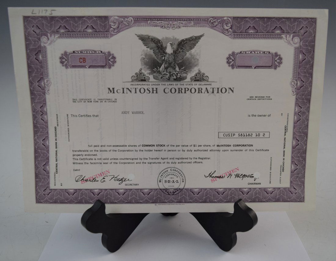 Andy Warhol Personal Stock Certificate (McIntosh Corp) (1 of 4)