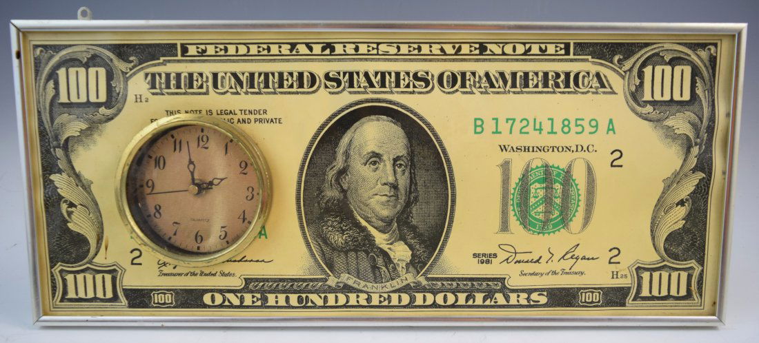 Vintage $100 Bill Metal Clock Sign (1 of 4)