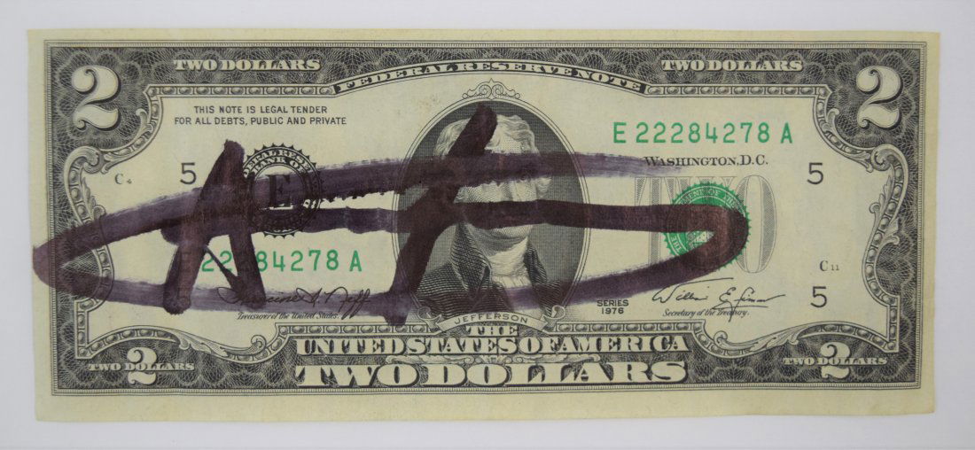 Andy Warhol - Two Dollar Bill (Signed): ANDY WARHOL (1928-1987) Two Dollar Bill 2 1/2" x 6" Signed towards the left