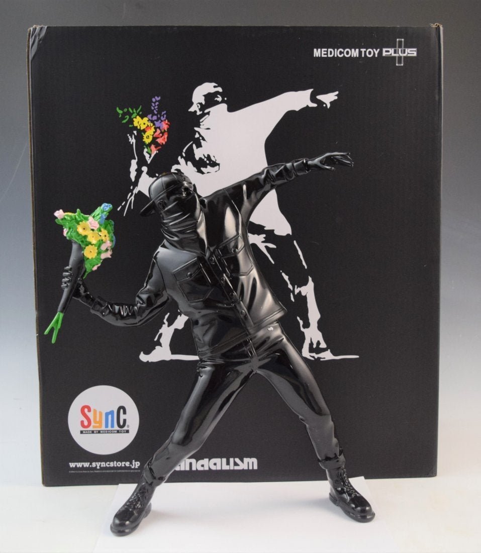 Banksy - Flower Thrower Resin Sculpture (Black): BANKSY (BRITISH) Flower Thrower Resin sculpture Limited edition produced by Medicom with original box 16" x 14" x 3" Stamped on bottom