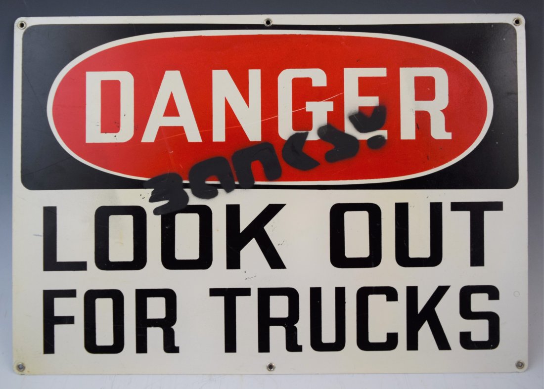 Banksy "DANGER LOOK OUT FOR TRUCKS" Graffiti Sign (1 of 3)