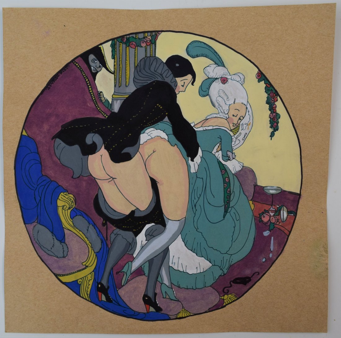 Gerda Wegener - Watercolor (Gallery Stamps): GERDA WEGENER (1886-1940) Untitled Watercolor and ink on paper illustration 13" x 13 Signed lower side Private collection; Galerie stamps to verso