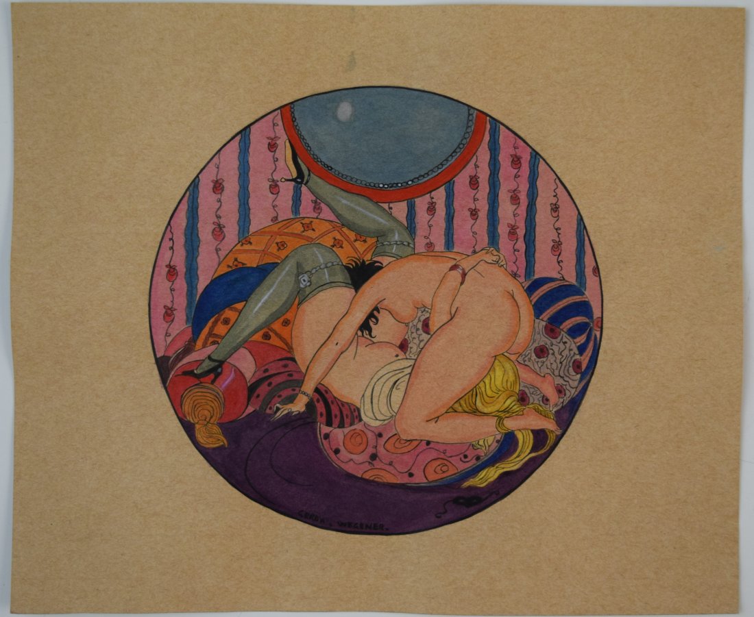 Gerda Wegener - Watercolor (Gallery Stamps): GERDA WEGENER (1886-1940) Untitled Watercolor and ink on paper illustration 10 1/2" x 13 Signed lower side Private collection; Galerie stamps to verso; private collection; Galerie Mathias Fels