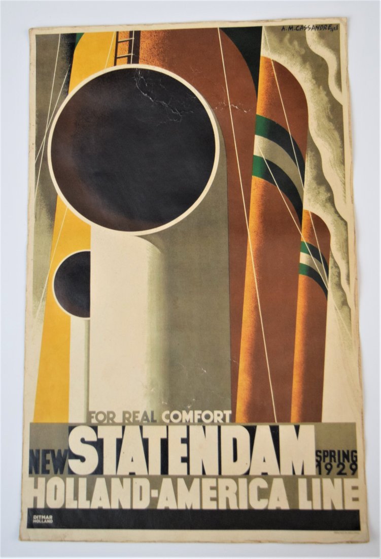 A.M. Cassandre "New Statendam HollandAmerica" Vtg Litho: FRANCE (20TH CENTURY) Vintage lithograph titled "New Statendam - Holland America Line" originally designed by A.M. Cassandre 16 3/4" x 10 3/4" Bottom corner reads "Printed in Holland"