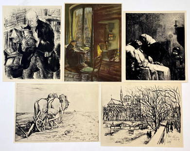 Grouping of 5 French Master Engravings: MAURICE UTRILLO, LUC MOREAU, ALPHONSE LEGROS, ETC Engravings on paper 9" x 7, 9" x 6 7/8", 8" x 7", 6 3/4" x 9 3/4", 7 1/8" x 9 1/8"