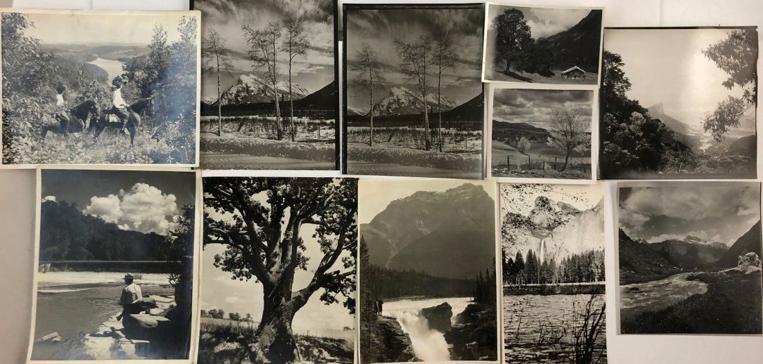 Grouping of 12 Vintage Silver Gelatin Photographs: Photographs include: Winter, Horseback riding, Mountains, Lakes, etc 9 1/2" x 7"; 9 1/2" x 5 3/8"; 9" x 7 3/8"; 9 1/4" x 7 1/2"; 8" x 10"; 7 1/2" x 8"; 8" x 8"; 5" x 5"; 6" x 4"