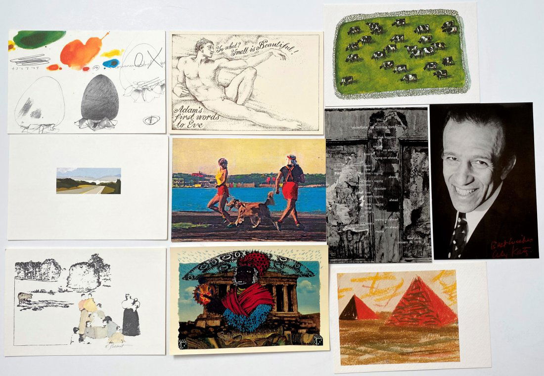 Grouping of 10 Photo-Litho Postcards: Featuring: Alex Katz, Dick Higgins, Louis Kahn, Raymond Saunders, Alexander Hollweg, Leah Feldon, Katharine Gilbert, Betye Saar, John Furnival, Abbie Zabar Each: 4" x 6"