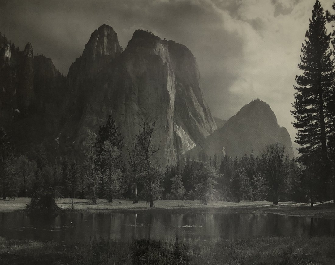Ansel Adams - Cathedral Rocks, Afternoon Storm: ANSEL ADAMS (B.1902-1984) Cathedral Rocks, Afternoon Storm Black and white photo on glossy paper 7 1/2" x 9 1/2"