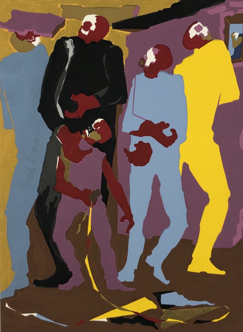 Jacob Lawrence - Hiroshima, Screenprint, Hand Signed: JACOB LAWRENCE (1917-2000) Hiroshima, 1983 Screenprint in colors 12 1/2" x 9 1/3" Signed in pencil towards left side